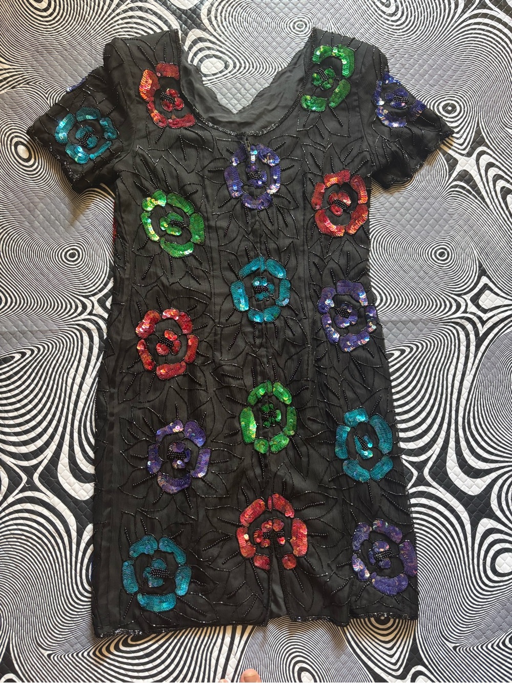 Black Sequin Floral Mini Dress with Multicolor Flower Appliqués